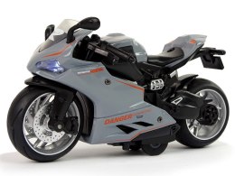 Motocykl Sportowy Szary Pomarańczowe Pasy 1:12 Napęd Pull-Back Dźwięk Światła Import LEANToys
